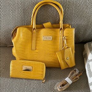 bebe Croc-Embossed Mustard Yellow Satchel with Wallet and Key Pouch